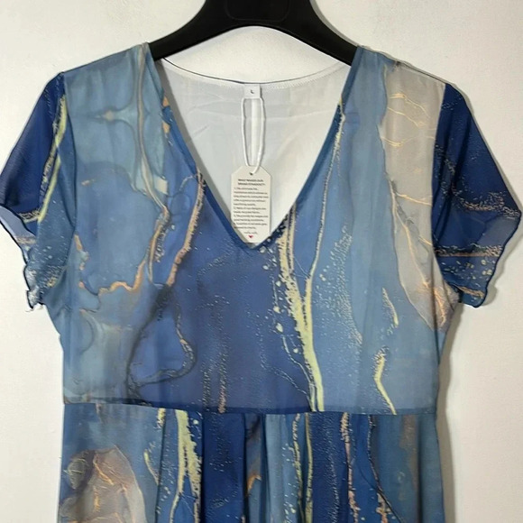 Maxi Long Dress Marble Chiffon Flowy Women Size Large V Neck Short Sleeve NWT - Picture 4 of 10